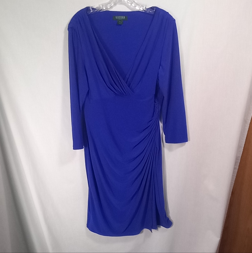 Lauren Ralph Lauren Blue V-neck Ruching Sheath Dress Size 14